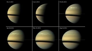 Series of images tracking the development of Saturn’s giant storm, as seen at visible wavelengths during much of 2011. NASA & JPL-Caltech & Space Science Institute