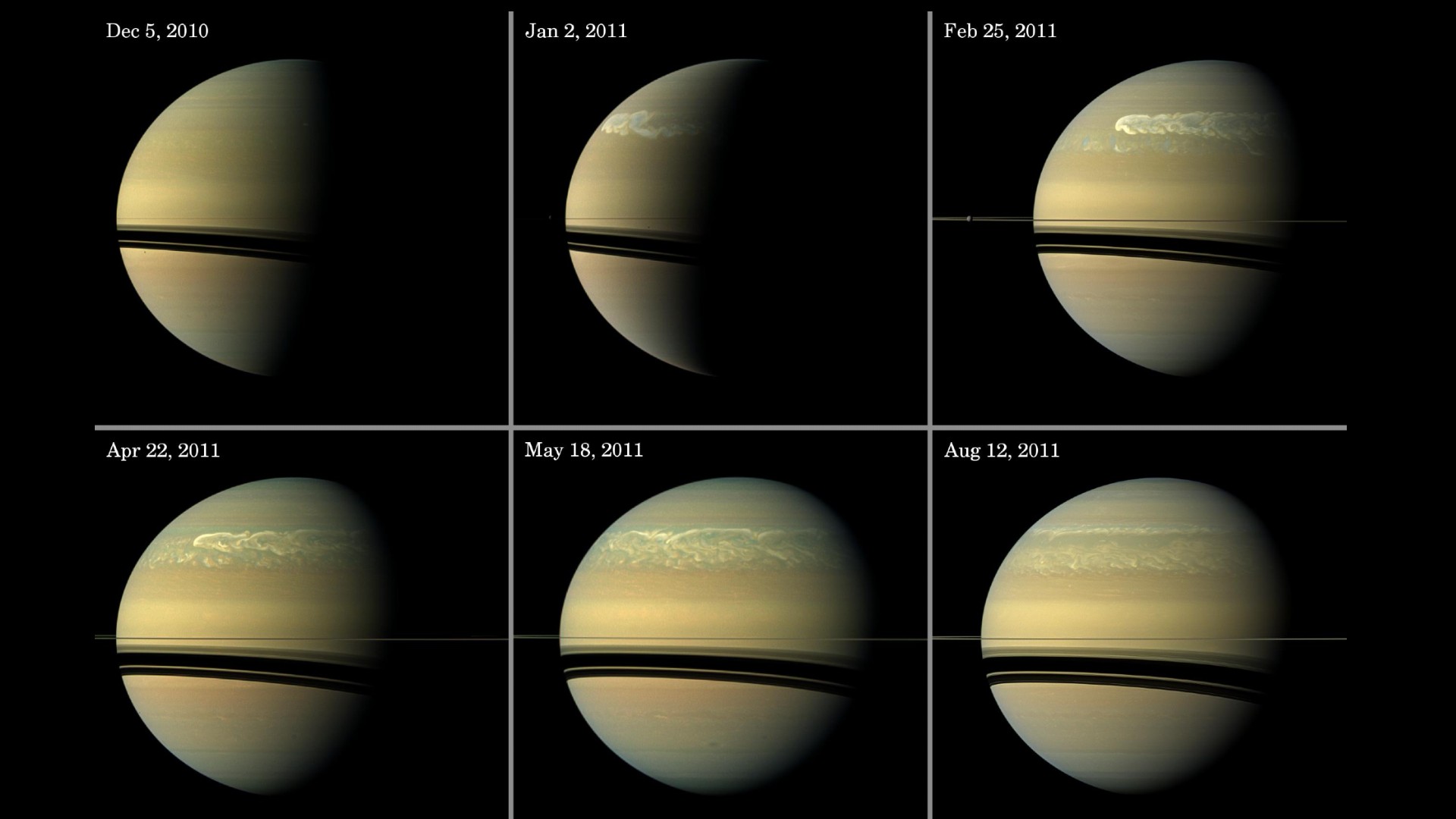 Bilderserie, die die Entwicklung des Saturn-Riesensturms verfolgt, wie sie während eines Großteils des Jahres 2011 bei sichtbaren Wellenlängen zu sehen war. NASA & JPL-Caltech & Space Science Institute