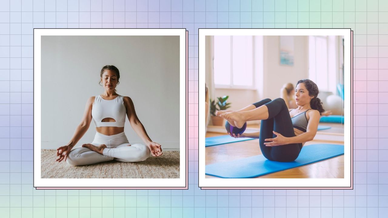 yoga vs pilates: woman on the left sitting cross-legged doing yoga, and woman on the right with her legs up doing pilates on a mat