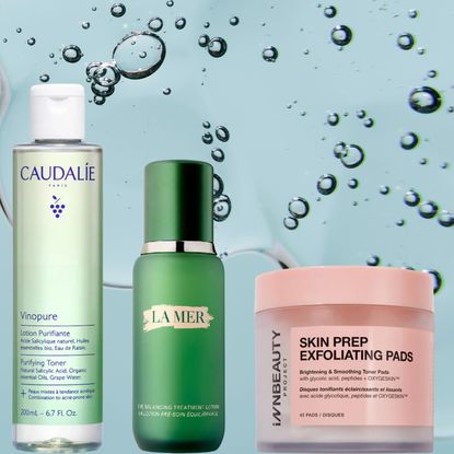 A woman wiping her face with a cotton pad. She is next to three bottles of toners. All images are in front of a blue back ground with a spilled liquid design.