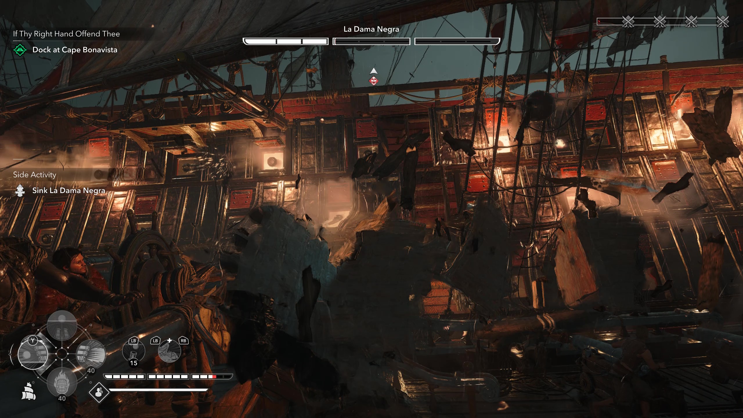 Gameplay of naval combat with the player trading cannonfire against La Dama Negra.