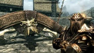 Best Skyrim mods — a Dragon Priest faces the camera while Parthuurnax is yoked in the background.