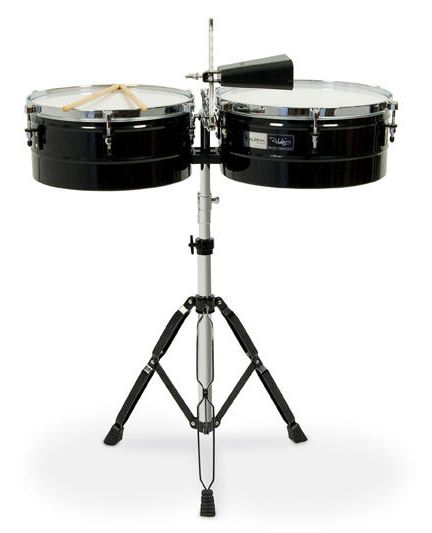 The 14" and 15" timbales feature a gloss black finish and stainless steel shells