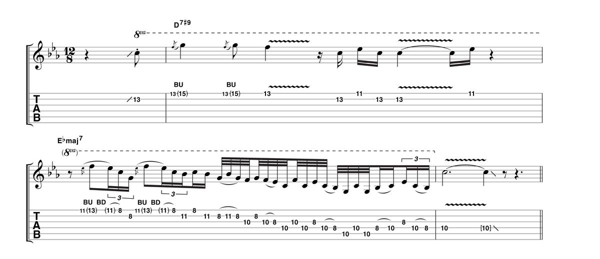 In closing, this phrase combines searing bends with a bit of a pentatonic flutter. Remember that these phrases are not carefully calculated, so they would vary from performance to performance.