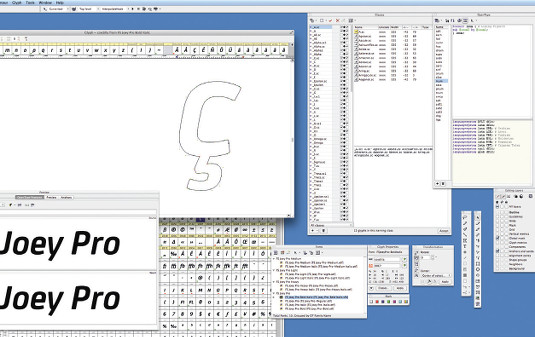 Just some of FontLab Studio's many menus on display, as Frank edits the 'Ç' glyph from FS Joey Pro