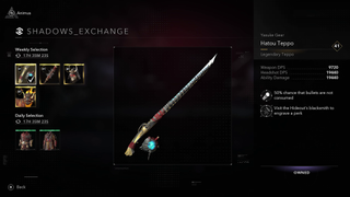 Looking through the Animus Hub Exchange in Assassin's Creed Shadows, and hovering over the Hatou Teppo legendary gear