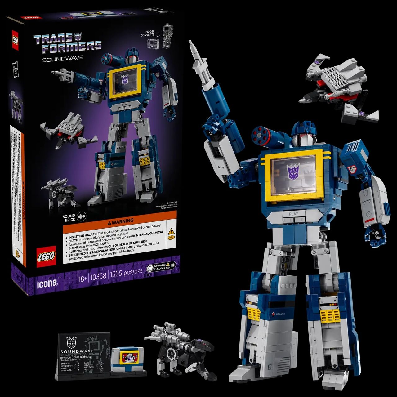 LEGO Transformers Soundwave standing next to his box with the accessories underneath the box