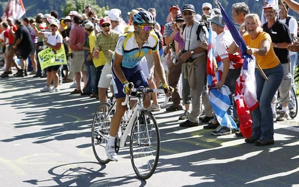 Alberto Contador (Astana) out of the saddle on the climb to Verbier.