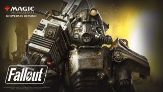 Someone in Power Armor stands with a heavy gun resting on their shoulder in artwork from MTG Fallout