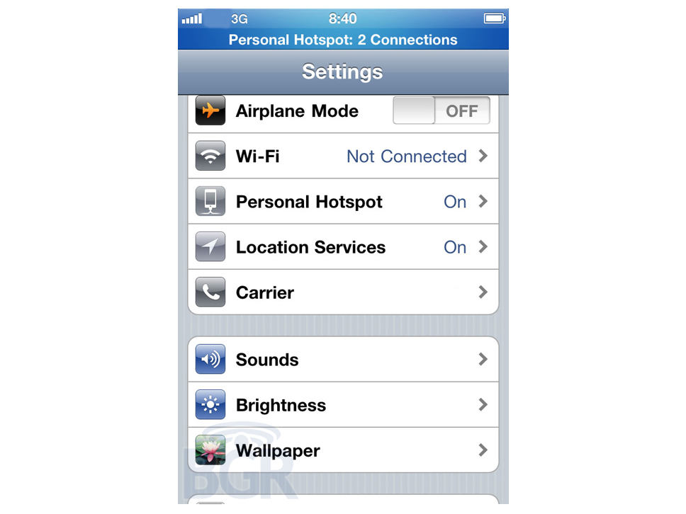 A scintillating screengrab of what the Personal Hotspot feature will look like.