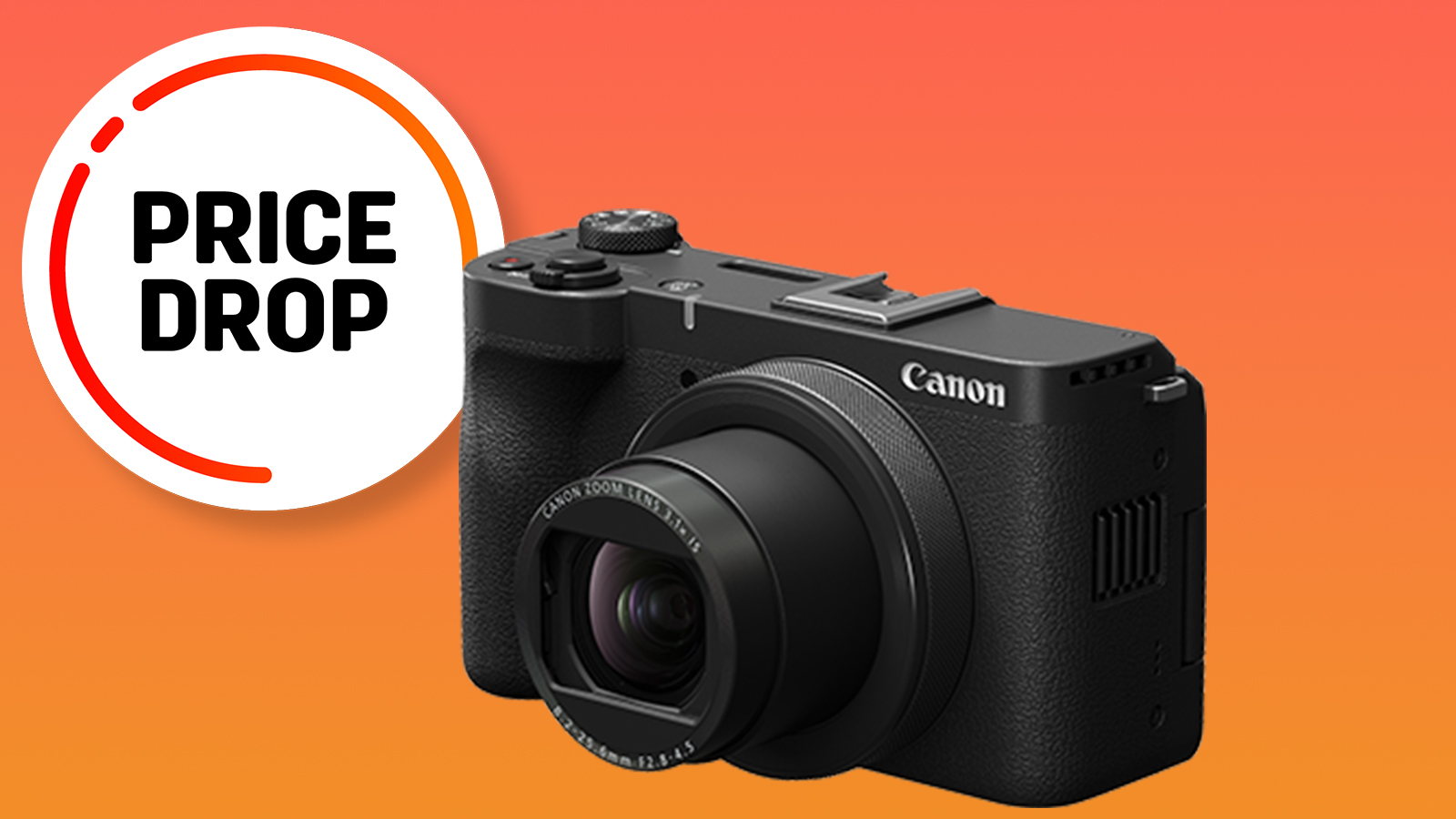 Canon PowerShot V1 on an orange background with a price drop label