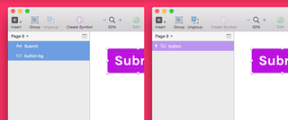 Left: two layers selected, elements that make up a button. Right: elements converted into a symbol, named button