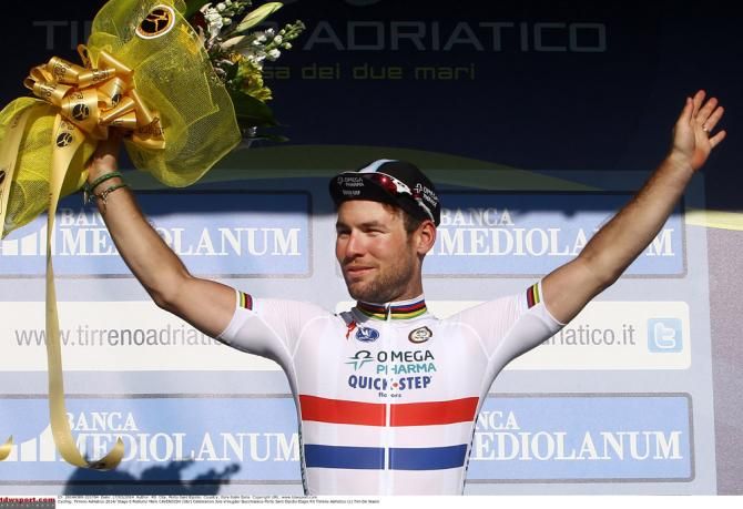 Mark Cavendish (Omega Pharma-QuickStep) on the podium after winning stage 6 at Tirreno-Adriatico