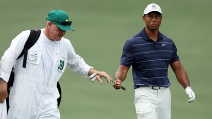 Joe LaCava and Tiger Woods during the 2023 Masters at Augusta National