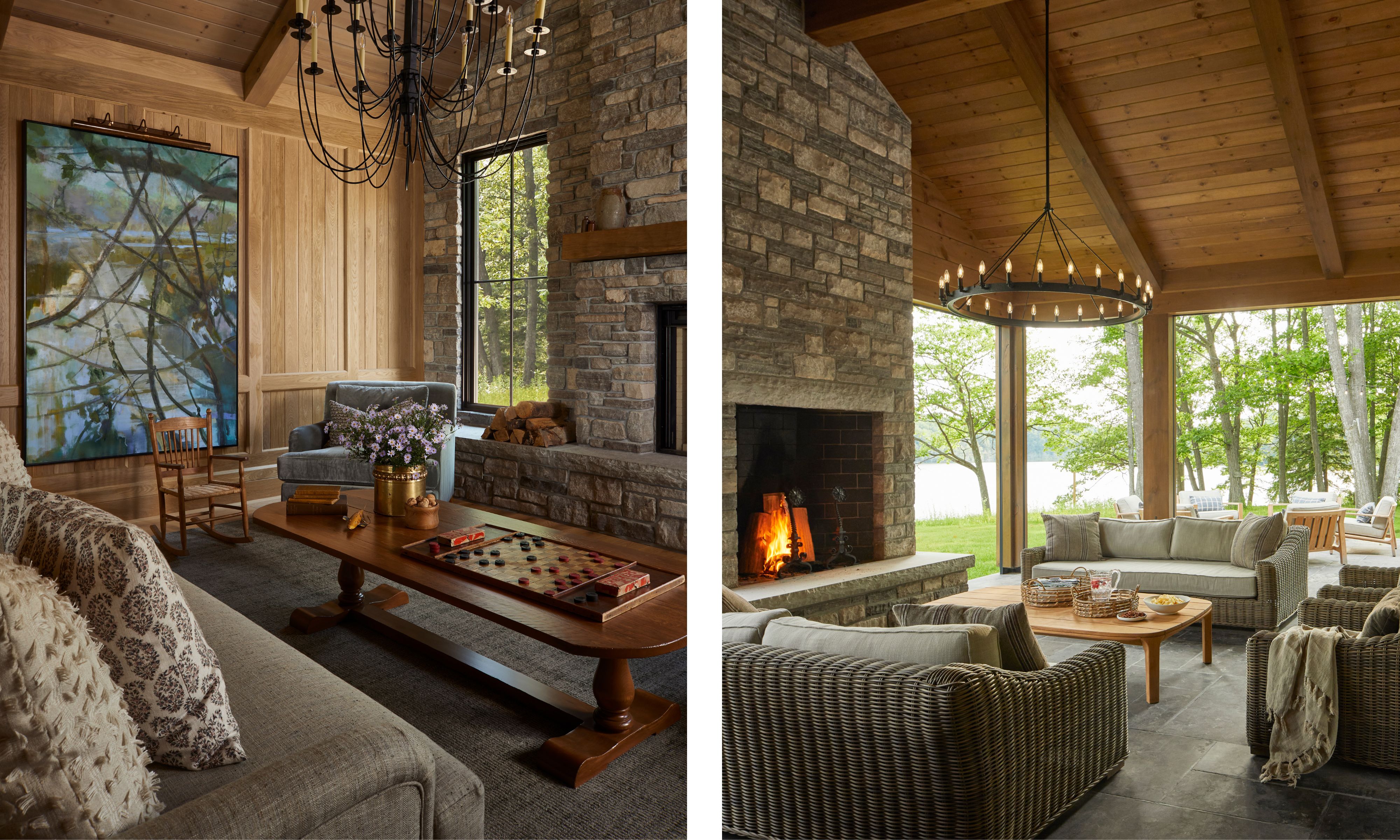A side-by-side comparison featuring an indoor den with wood-paneled walls and a large abstract painting on the left, and a covered outdoor lounge with a stone fireplace and wicker furniture overlooking the lake on the right.