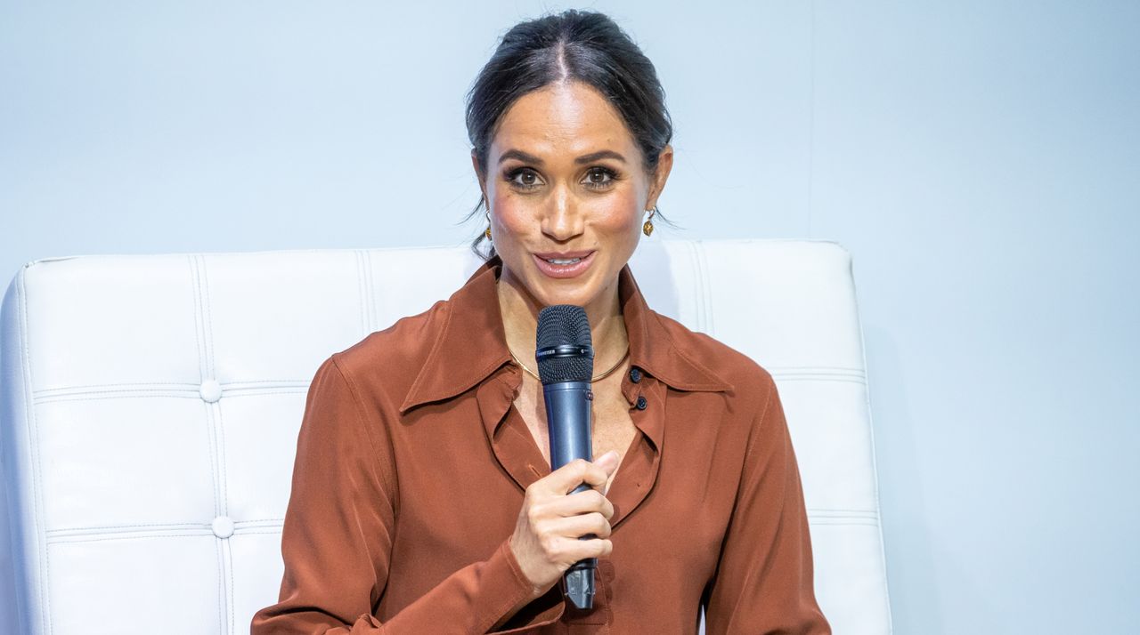 Meghan, Duchess of Sussex, speaks onstage at EAN University on August 15, 2024 in Bogota, Colombia. 