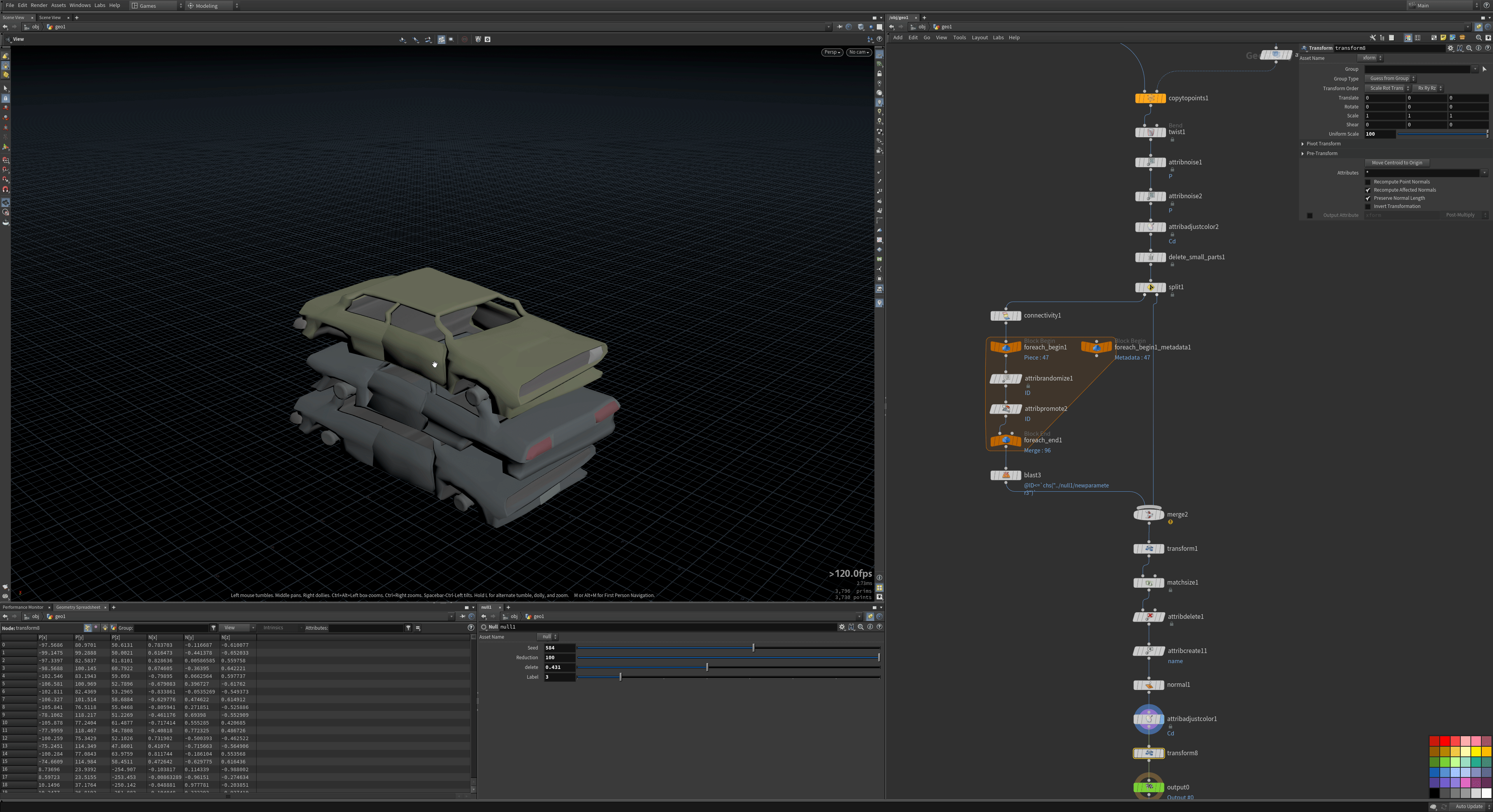 Wheel World indie dev interview; a stack of car models created wih procedural generation using Houdini