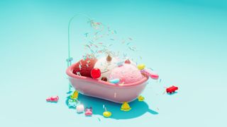 A screenshot of a bathtub filled with ice cream in Nour: Play With Your Food.