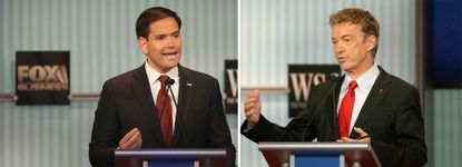 Republican presidential candidates Sen. Marco Rubio and Sen. Rand Paul face off during a debate.