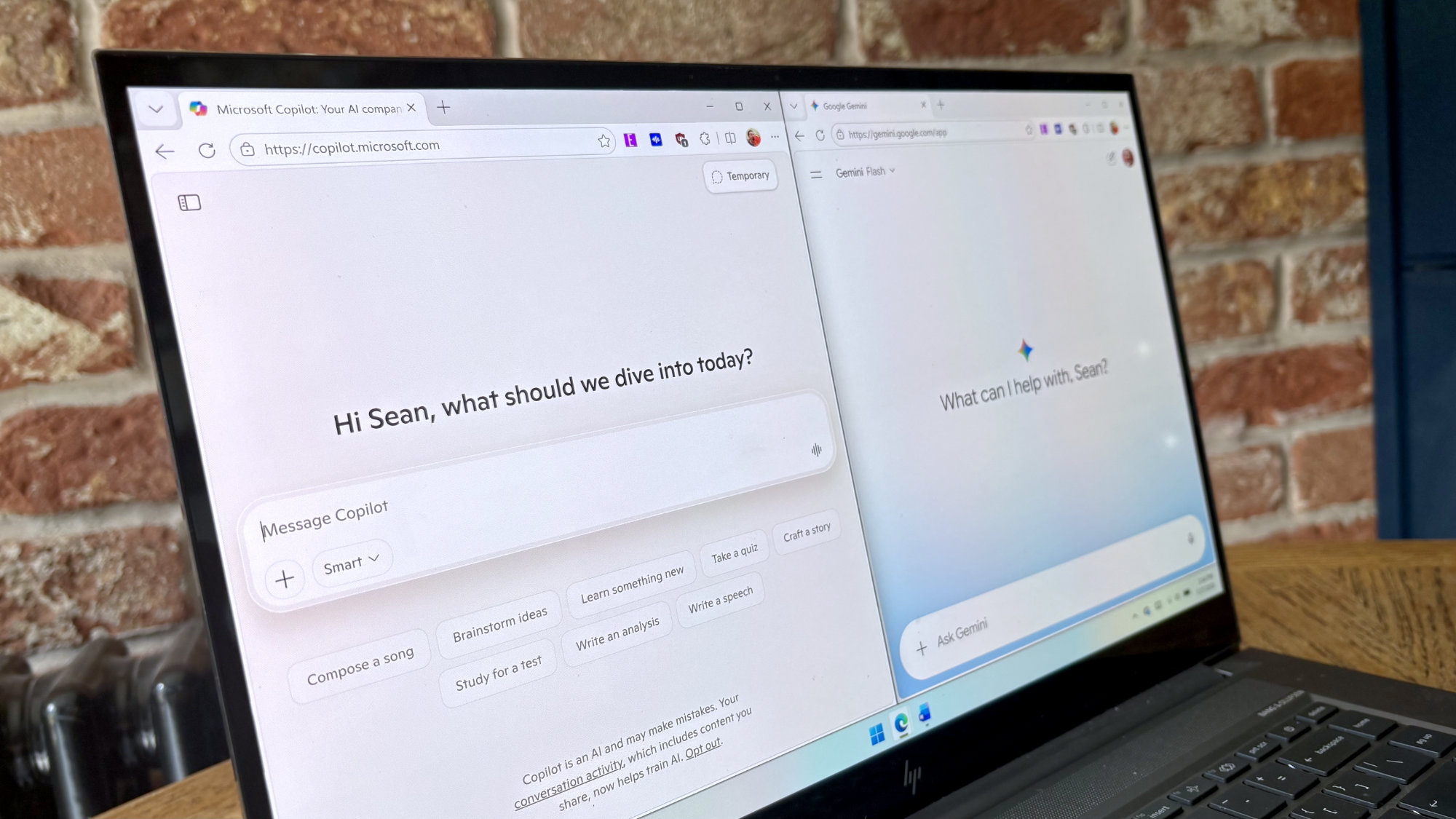 A split-screen view on a laptop running Windows 11 showing Microsoft Copilot open on the left browser window and Google Gemini open on the right browser window.