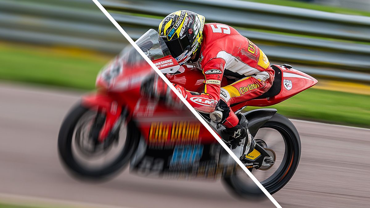 Image of a red motorbike split into two halves, the first half exhibits camera shake and the second half is sharp 