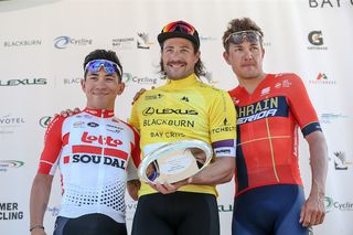 Overall winner Marco Haller (Katusha Sports) flanked by second-placed Caleb Ewan and Heinrich Haussler (right) at the 2019 Bay Crits
