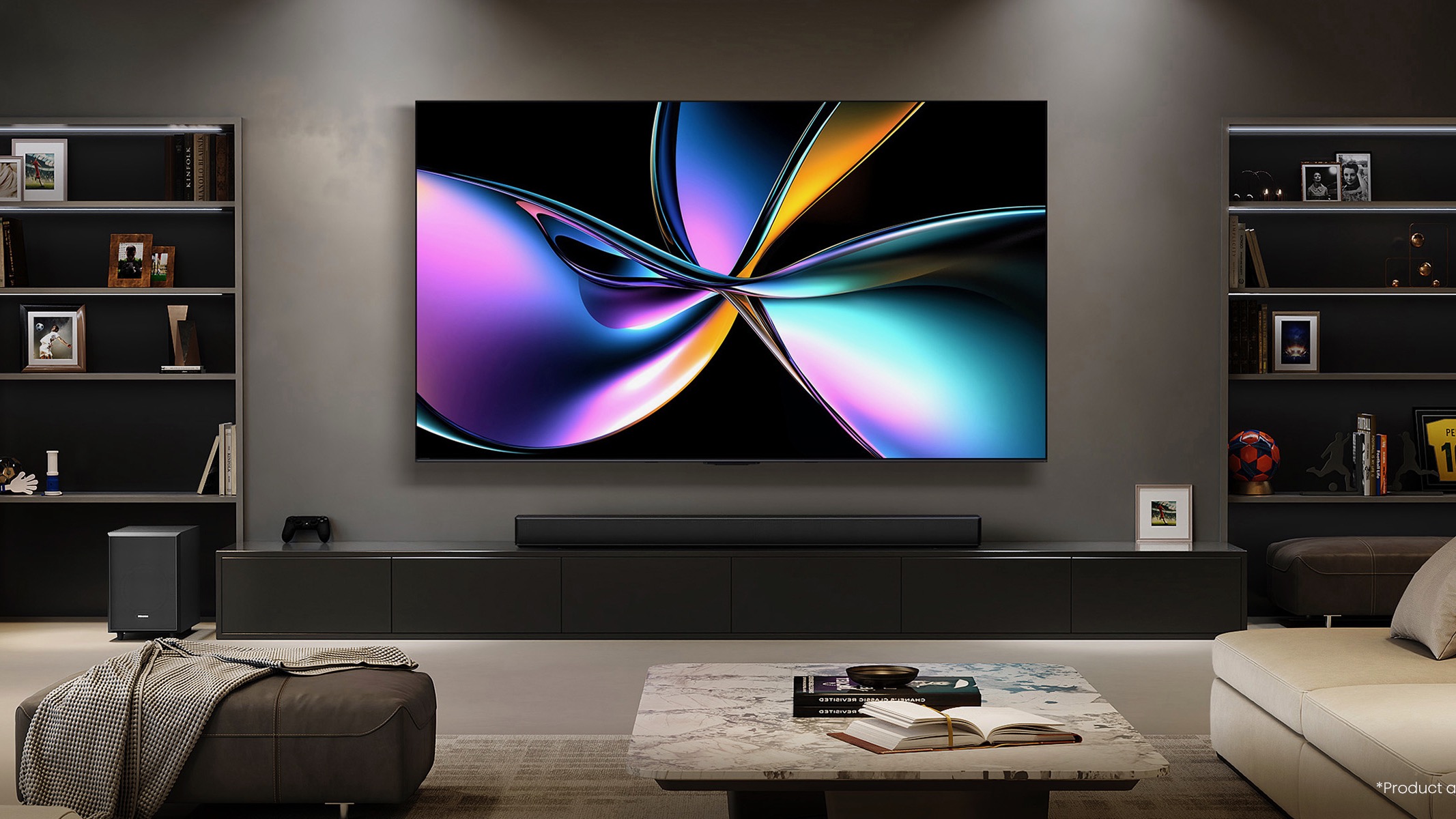 The Hisense U7Q Pro TV wall-mounted in a modern lounge. On screen is a swirly graphic with a metallic finish.