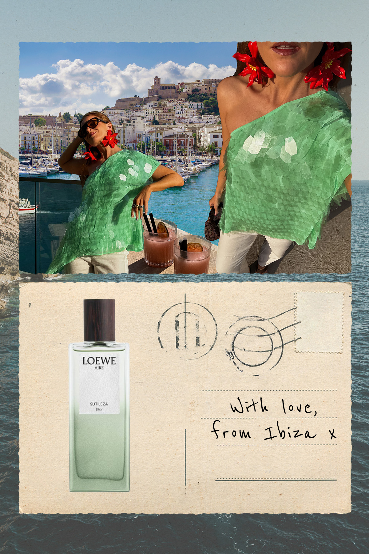 A collage of Ibiza scenery, creator Rebecca Olivia wearing a green sparkly top and a Loewe perfume