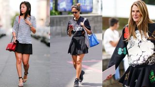 Skater skirt trend demonstrated by three women in street style shots
