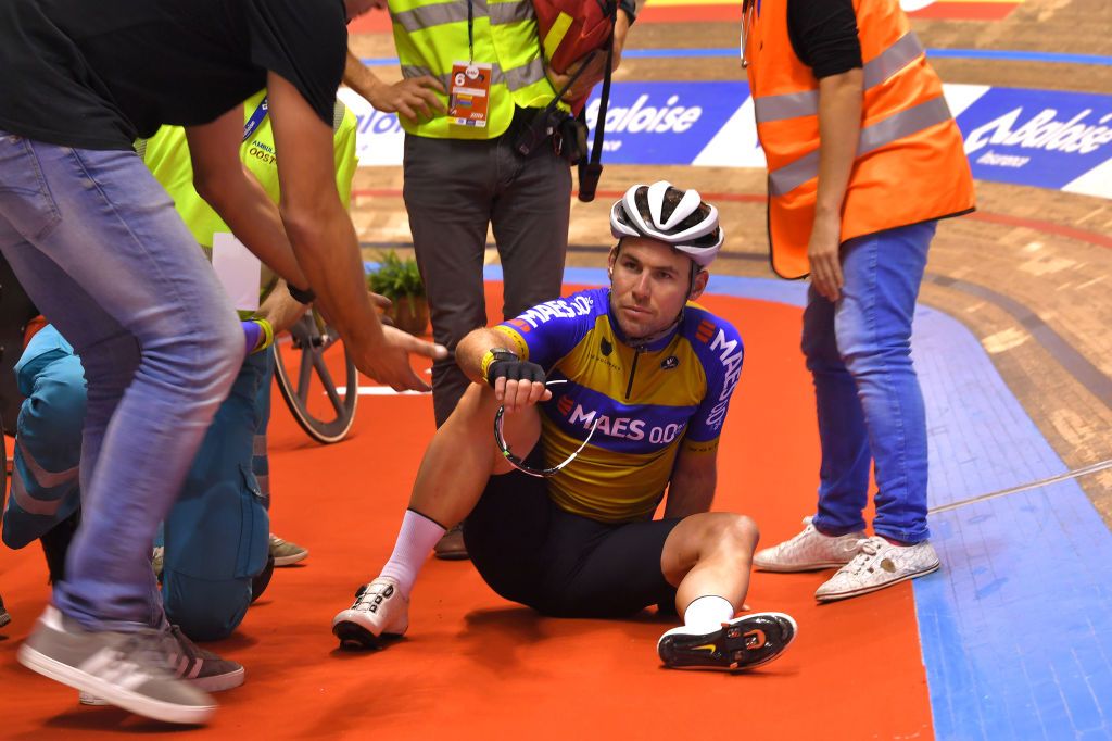 GENT BELGIUM NOVEMBER 12 Mark Cavendish of The United Kingdon and Team The Wolfpack Maes 00 Crash during the 79th 6 Days Gent 2019 Day 1 Track Kuipke Track Velodrome zesdaagsegent ghent6day on November 12 2019 in Gent Belgium Photo by Luc ClaessenGetty Images