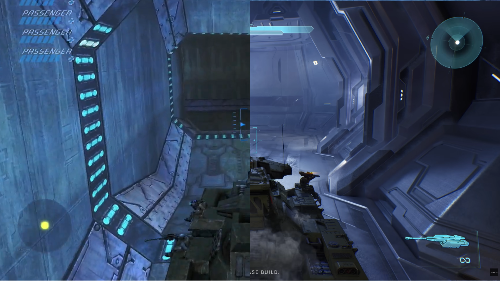 Side-by-side comparison of Halo: Campaign Evolved's tank corridor scene, showing the originals Forerunner hallway next to the remake's redesigned interior.