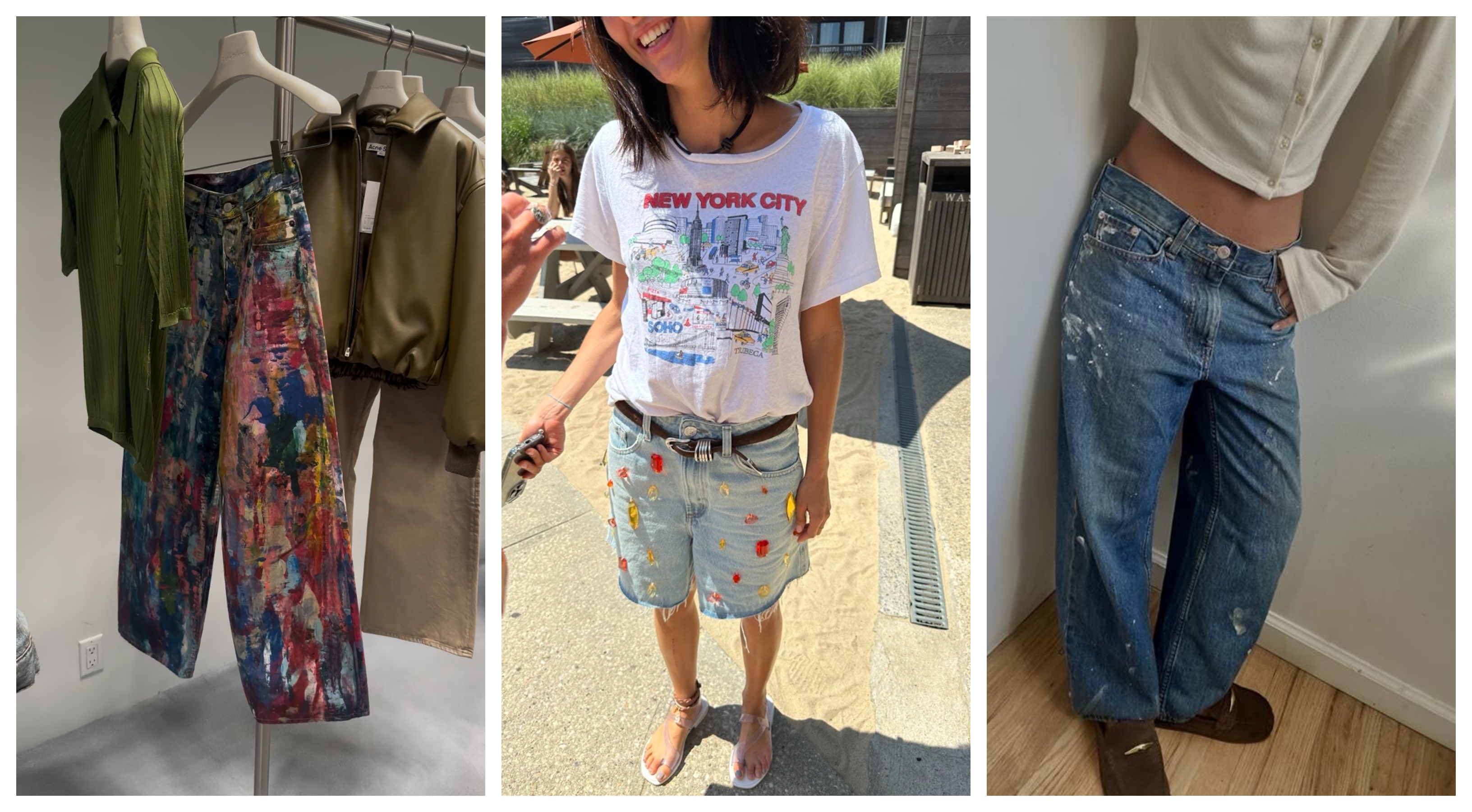 a collage of a woman wearing personalized denim in new york city