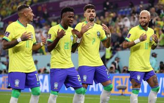 Raphinha, Vinicius Jr, Lucas Paqueta and Neymar dance in celebration