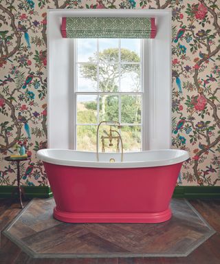 Bathroom with patterned wallpaper