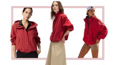 models wearing red windbreaker jackets