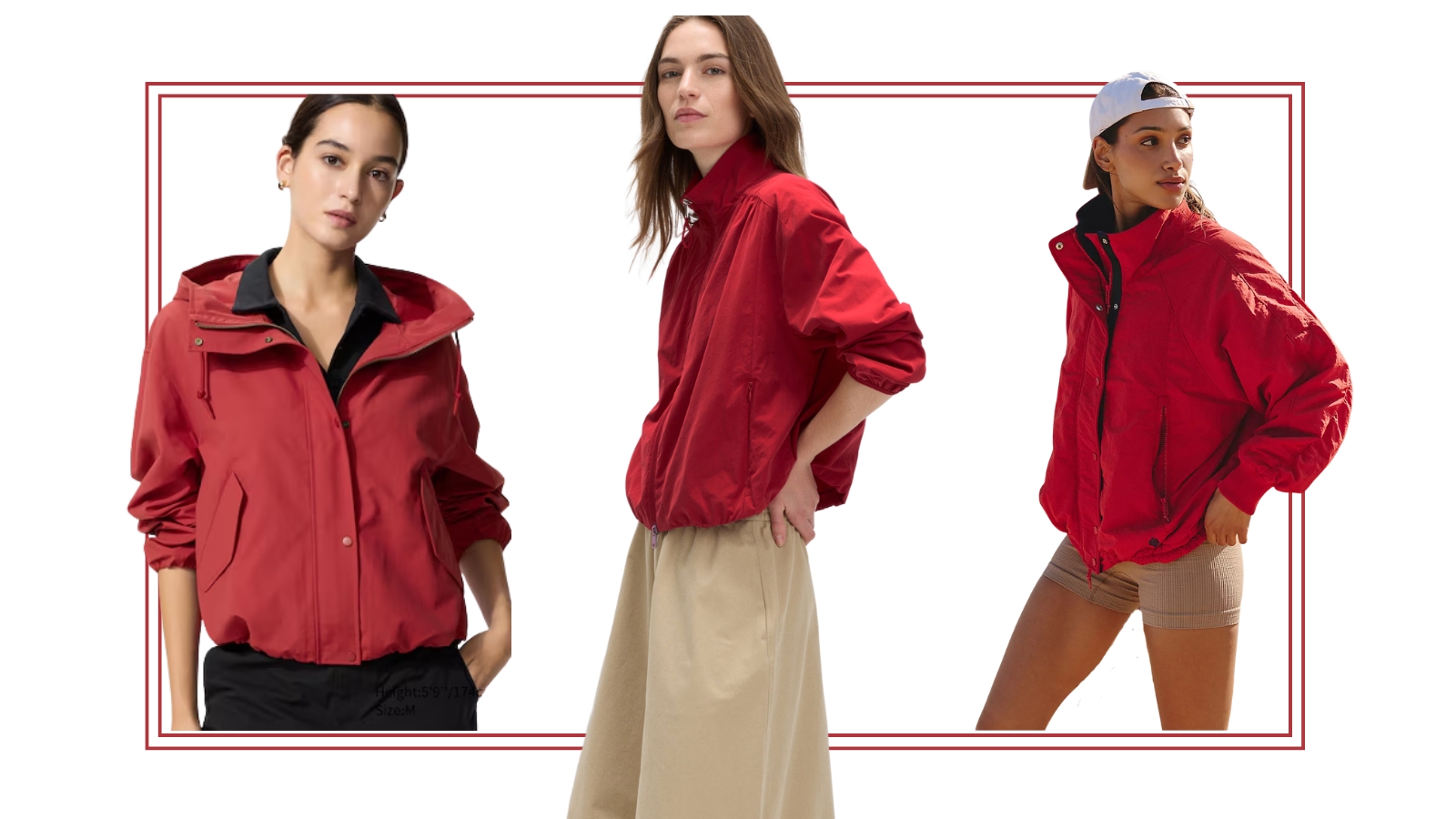 models wearing red windbreaker jackets