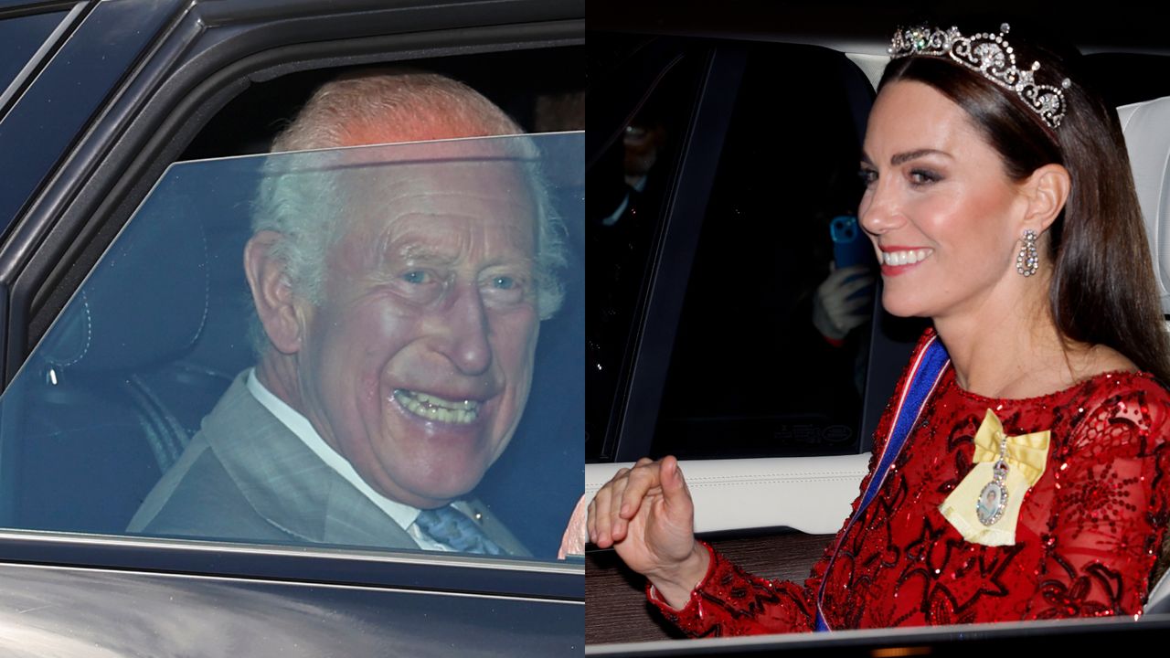 Kate Middleton wearing a red sequin gown riding in a car next to a photo of King Charles wearing a gray suit riding in a car and laughing