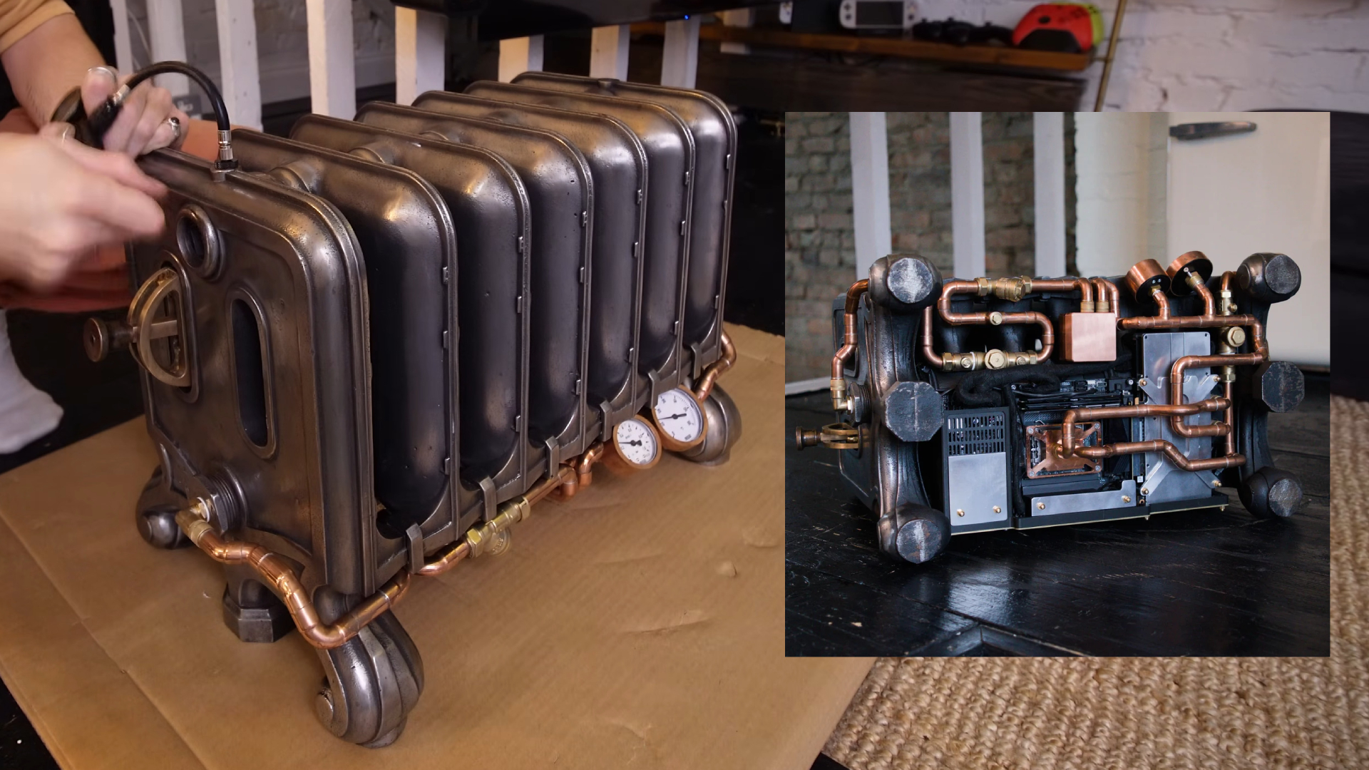 A custom gaming PC built inside of an old Victorian cast-iron radiator