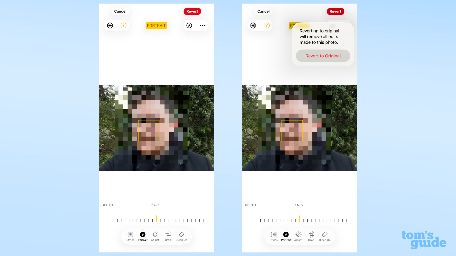 The revert setting on a pixelated photo in iOS 26