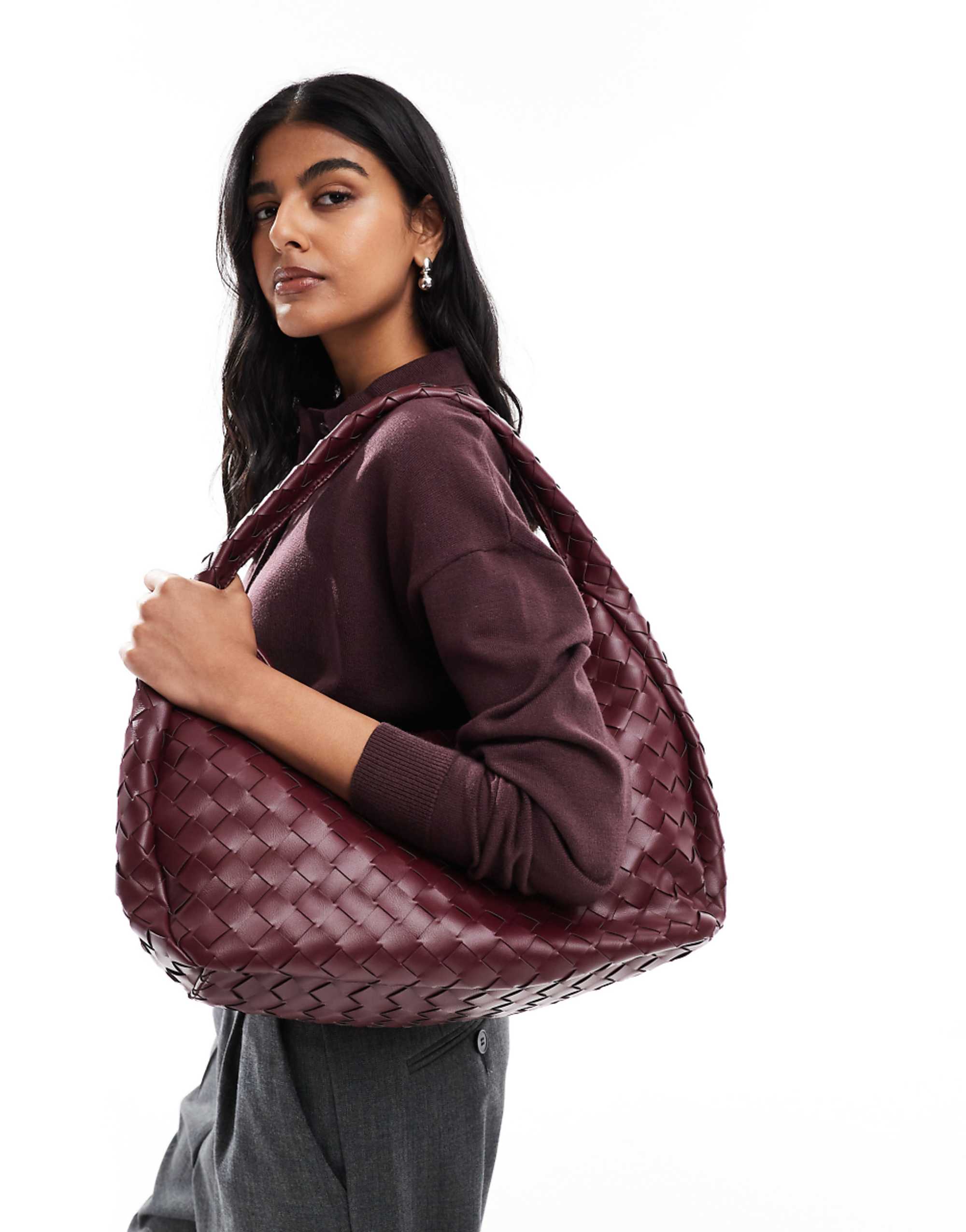Glamorous Large Woven Shoulder Tote Bag in Deep Burgundy