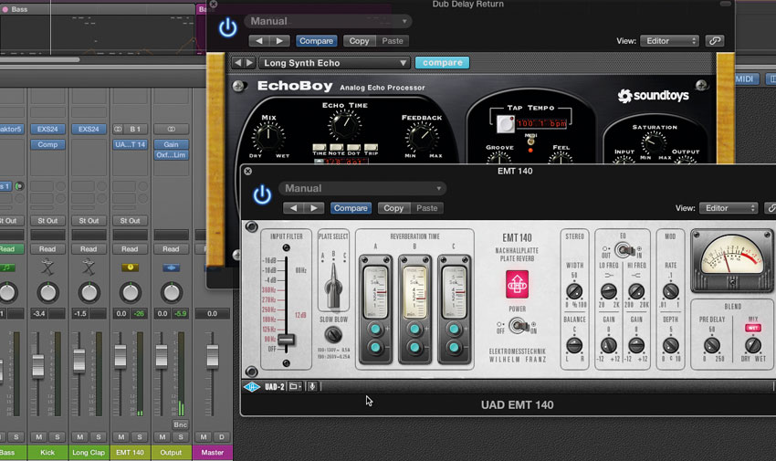 Here we&#039;re using SoundToy&#039;s EchoBoy delay and UAD&#039;s EMT 140 plate emulation reverb