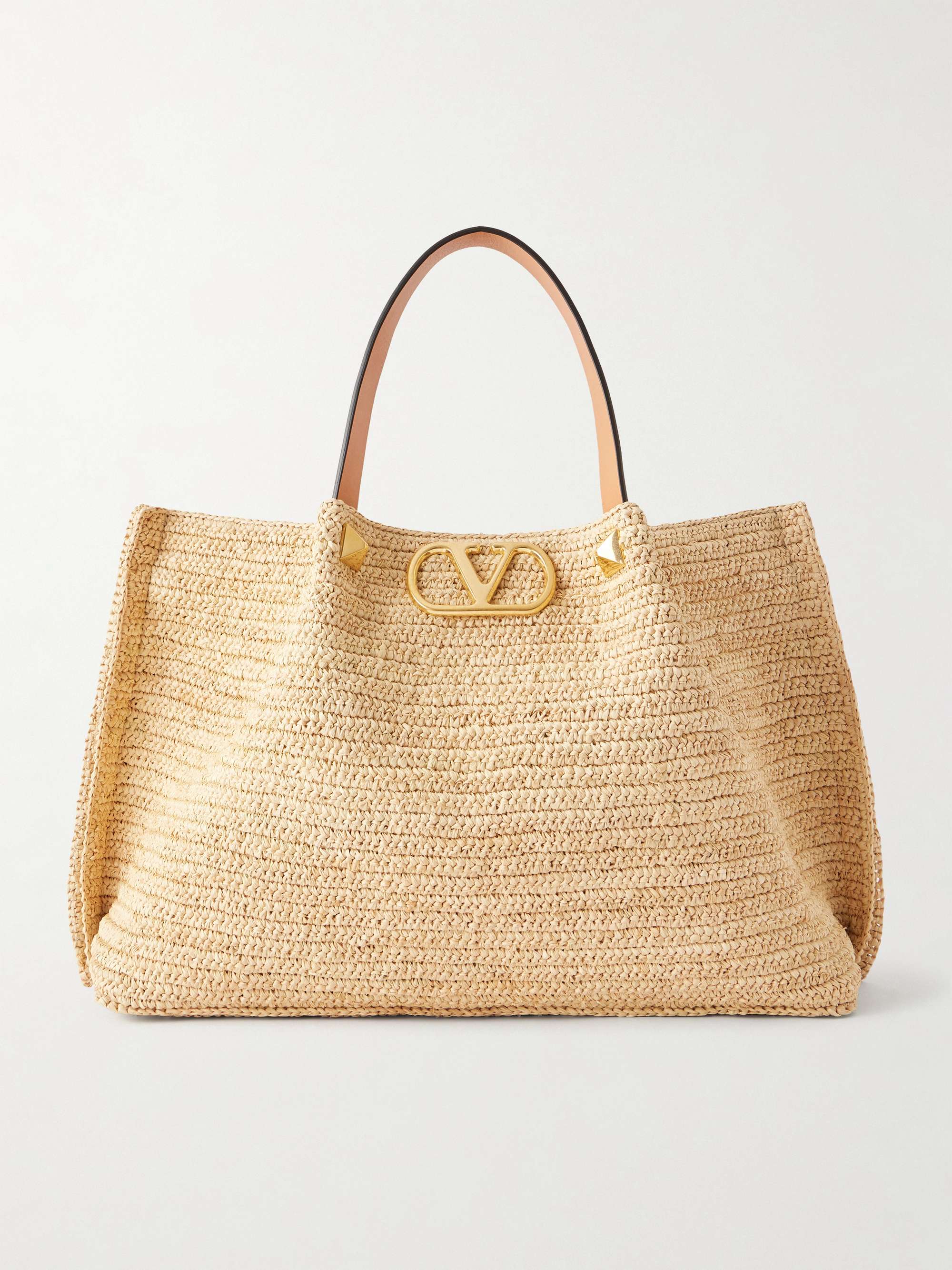 Vlogo Studded Leather-Trimmed Woven Raffia Tote