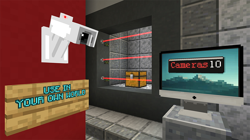 A minecraft security addon screenshot showing a wall-mounted camera, a sign, a chest protected by lasers, and a computer monitor.