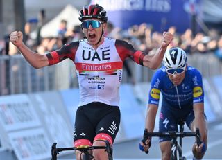 Slovenian Tadej Pogacar of UAE Team Emirates wins the sprint ahead of Italian Fausto Masnada of Deceuninck QuickStep in the Giro di Lombardia one day cycling race 239km from Como to Bergamo Saturday 09 October 2021 in Bergamo ItalyBELGA PHOTO DIRK WAEM Photo by DIRK WAEMBELGA MAGAFP via Getty Images