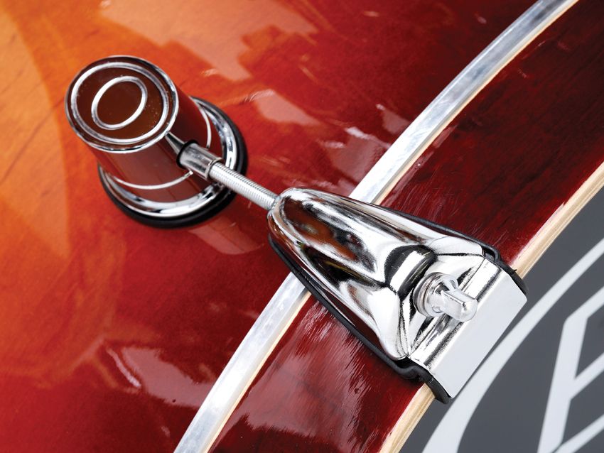 Bass drum claws and tension lugs sit on thick, moulded rubber grommets for resonance isolation
