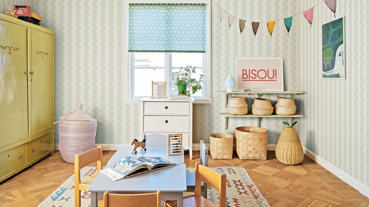 Patterned wallpaper with blue blind and wooden floor