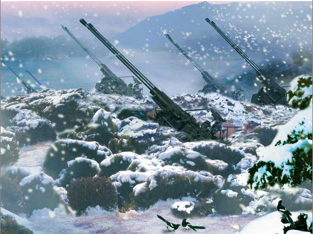 A screenshot of a Red Star OS screensaver, showing artillery nestled in snowy woods.