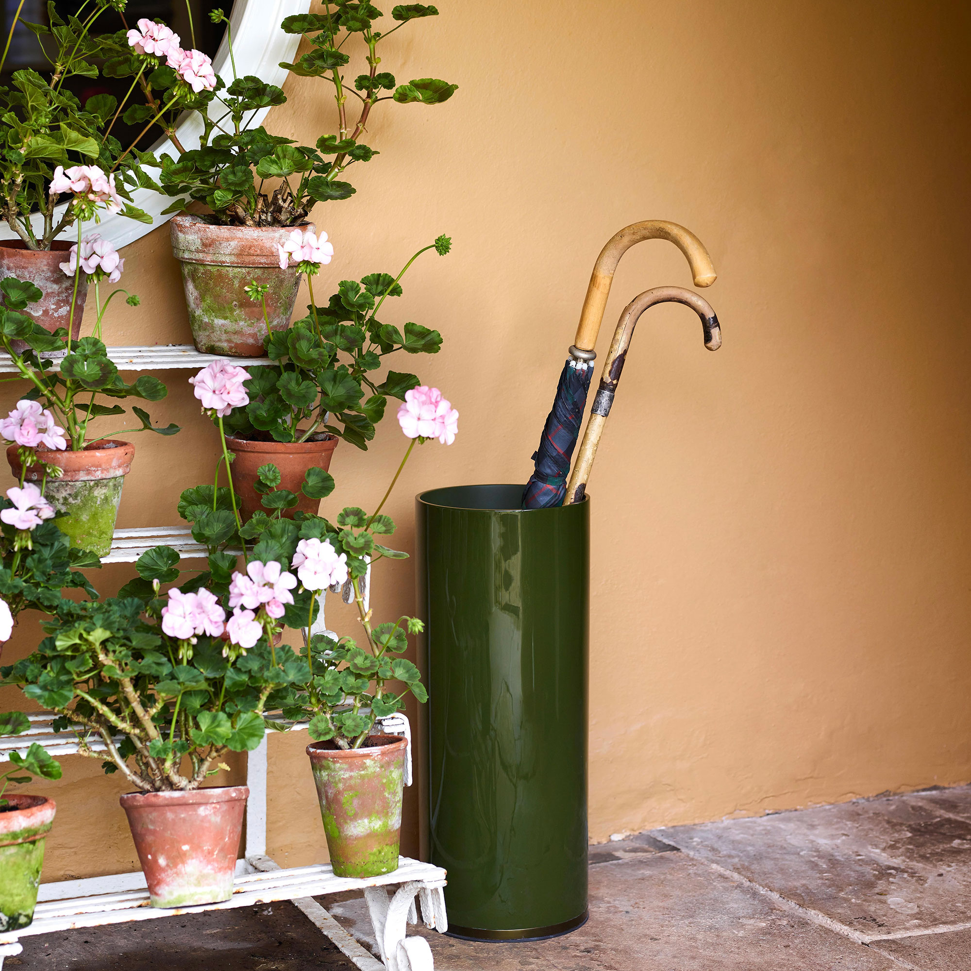 Patio with green umbrella stand and shelves full of potted flowering plants