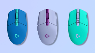 Screenshots of three of the color options for the Logitech G305 wireless mouse in blue, lilac and green