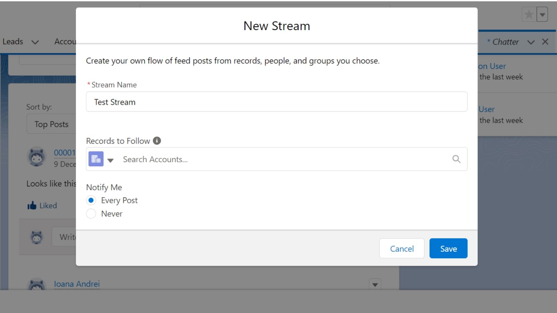 Screenshot of creating a new follower stream in Salesforce Chatter